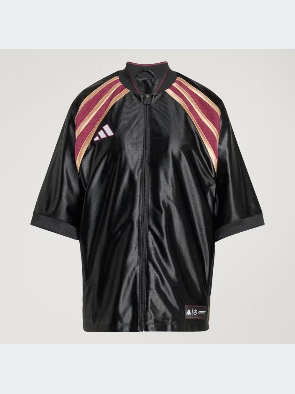 adidas Black Short-Sleeve Zip Track Top with Burgundy and Gold Stripes